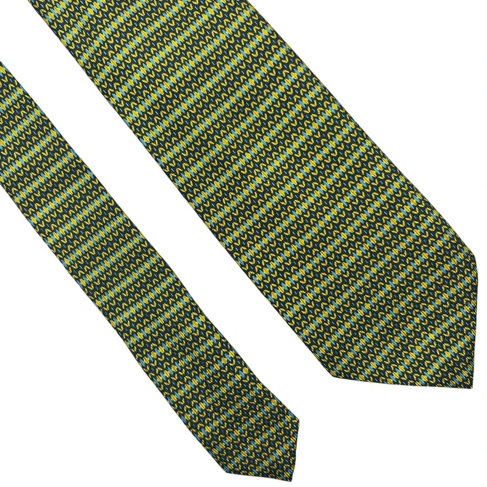 Brioni 100% Silk Necktie Mens Green Yellow Geometric Handmade Italy Tie 3.75x58